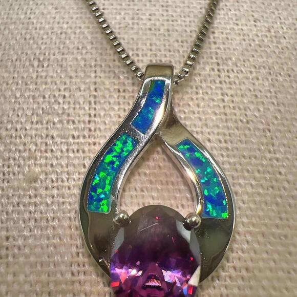 Elegant Purple Amethyst Stone & Blue Opal Pendant Necklace - Picture 2 of 9